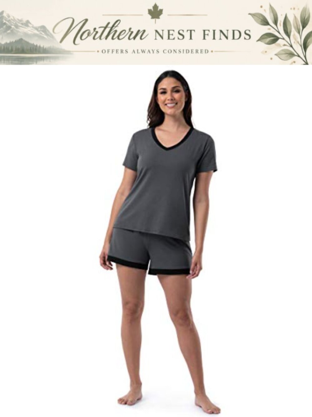 Womens 2 Piece Pajama Set V-Neck Tee and Elastic Waist Shorts Sleepwear
